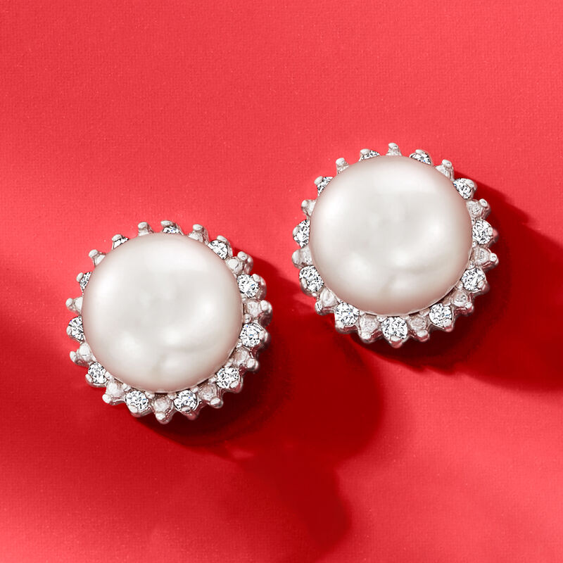 7-7.5mm Cultured Button Pearl and .13 ct. t.w. Diamond Stud Earrings in Sterling Silver image number 4