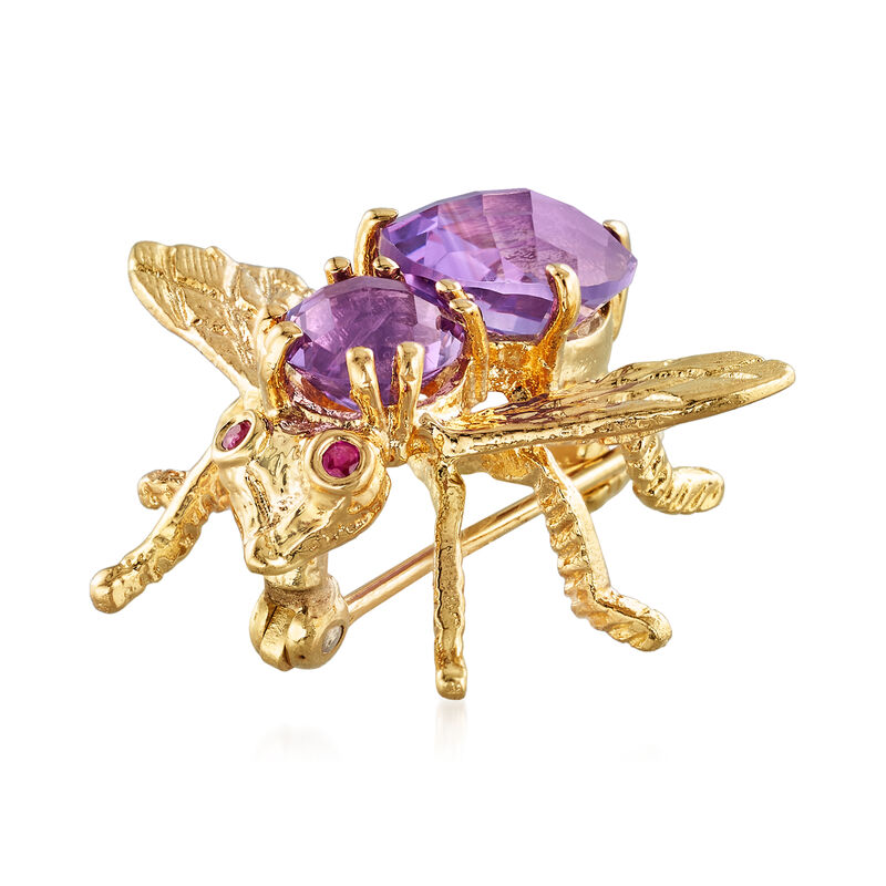 C. 1980 Vintage 2.60 ct. t.w. Amethyst Bee Pin with Ruby Accents in 18kt Yellow Gold image number 2