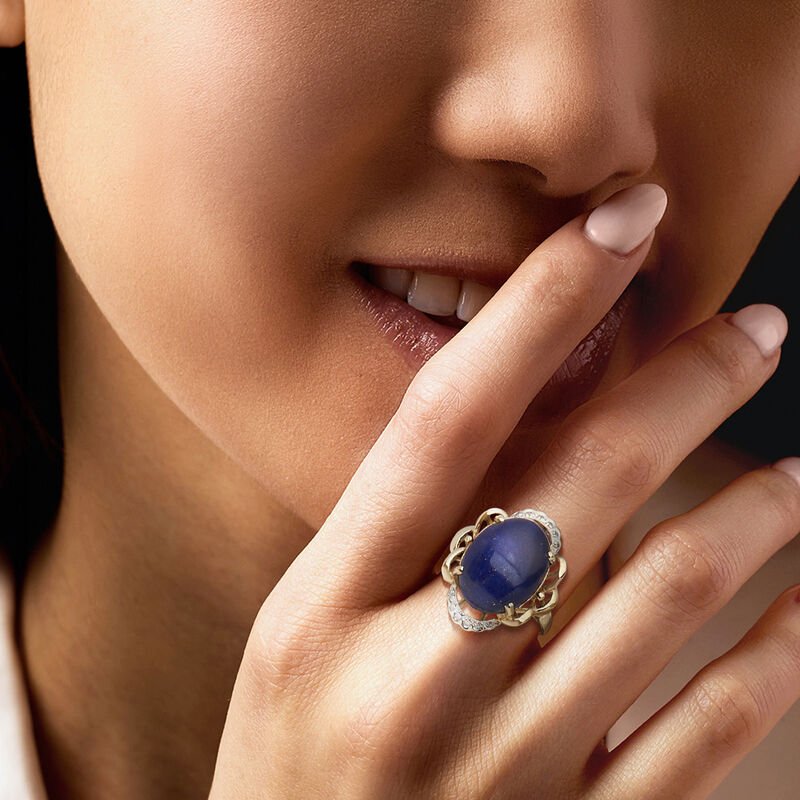 C. 1980 Vintage Lapis Ring with Diamonds in 14kt Yellow Gold. Size 6 image number 1