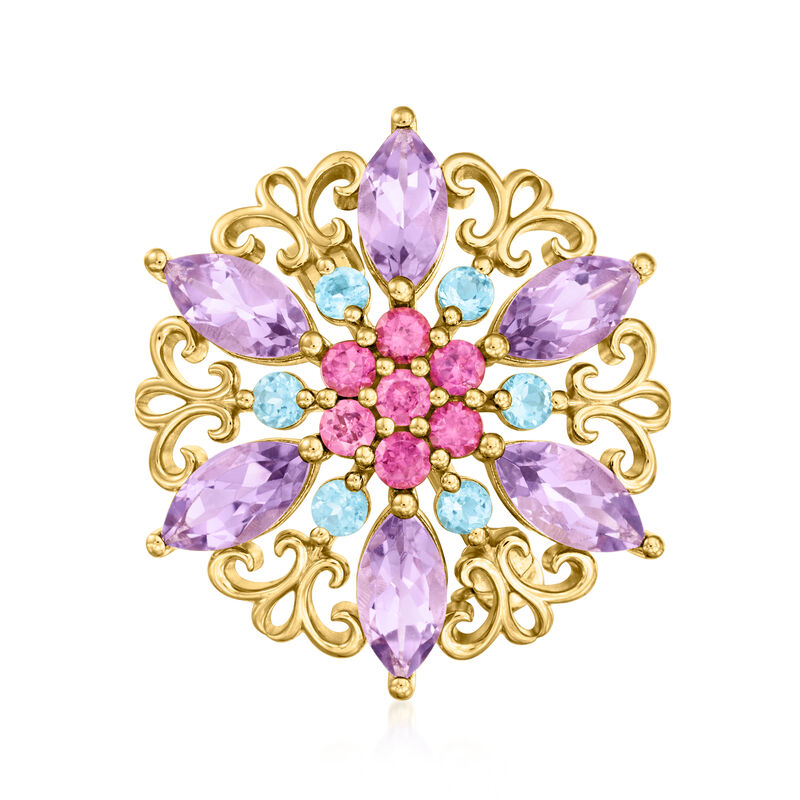 3.40 ct. t.w. Multi-Gemstone Flower Pin/Pendant Necklace in 18kt Gold Over Sterling. 18&quot; image number 3