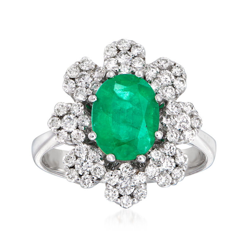 1.70 Carat Emerald and .84 ct. t.w. Diamond Flower Ring in 14kt White Gold. Size 6 image number 0