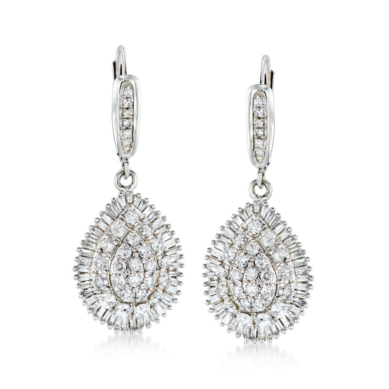 2.00 ct. t.w. Round and Baguette Diamond Teardrop Earrings in 14kt White Gold image number 0