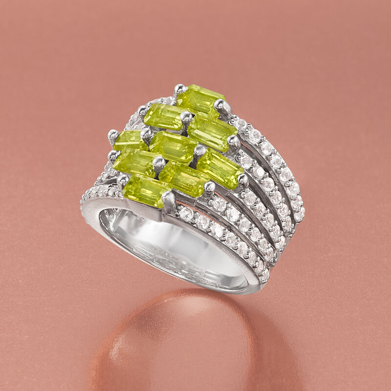 3.40 ct. t.w. Peridot and .60 ct. t.w. White Topaz Multi-Row Ring in Sterling Silver image number 3