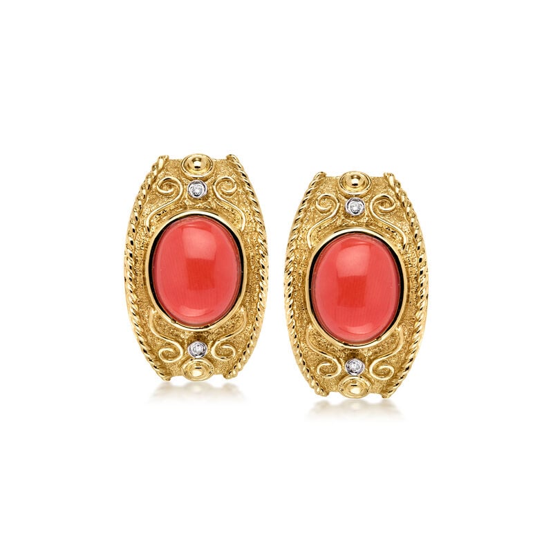 C. 1980 Vintage Coral Curved Earrings with Diamonds in 14kt Yellow Gold image number 2