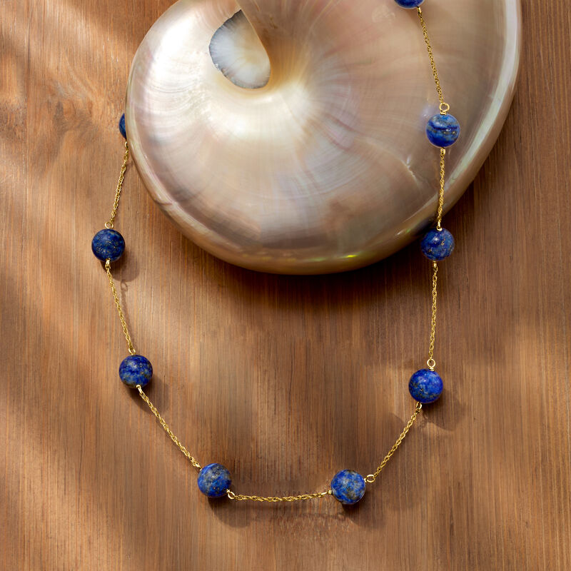 8mm Lapis Bead Station Necklace in 14kt Yellow Gold image number 3