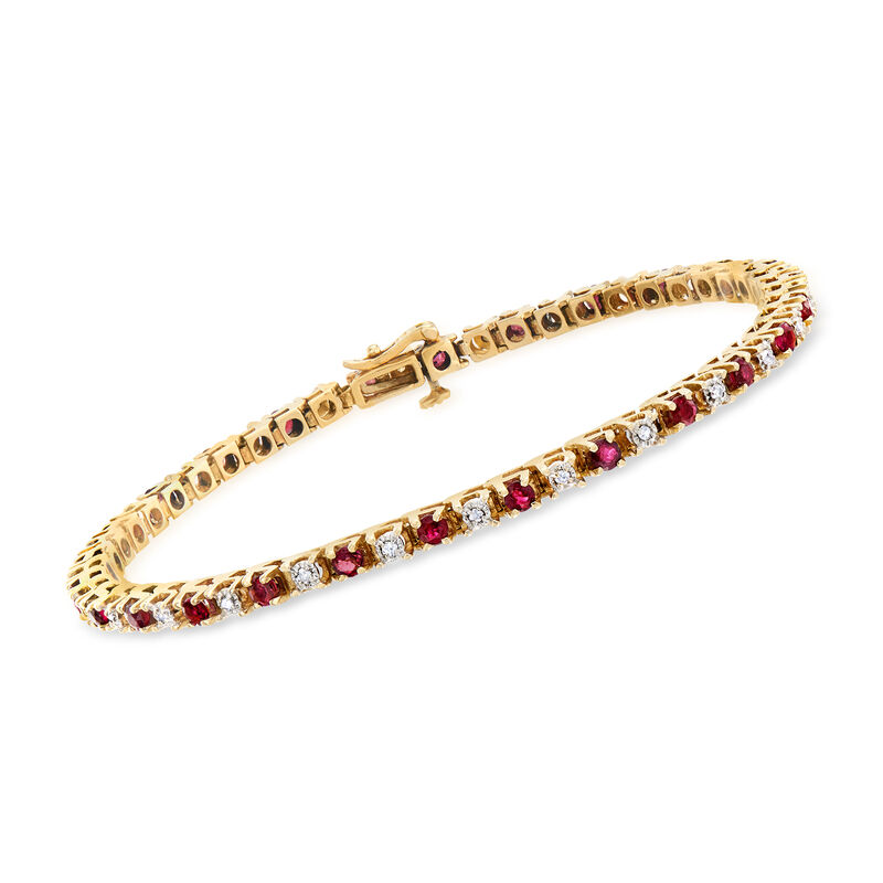 C. 1990 Vintage 2.08 ct. t.w. Ruby and .26 ct. t.w. Diamond Tennis Bracelet in 14kt Yellow Gold. 7.75&quot; image number 0