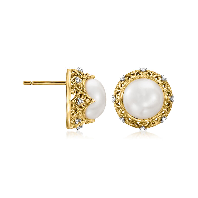 9-9.5mm Cultured Pearl Earrings with Diamonds in 18kt Gold Over Sterling  image number 2