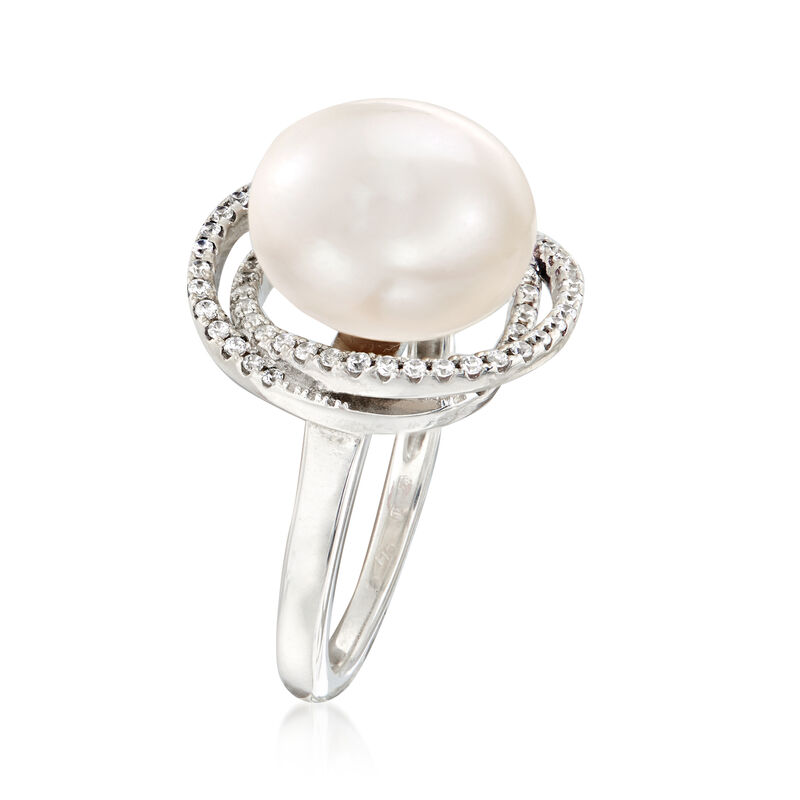 Italian 12mm Cultured Pearl and .78 ct. t.w. CZ Ring in Sterling Silver image number 2