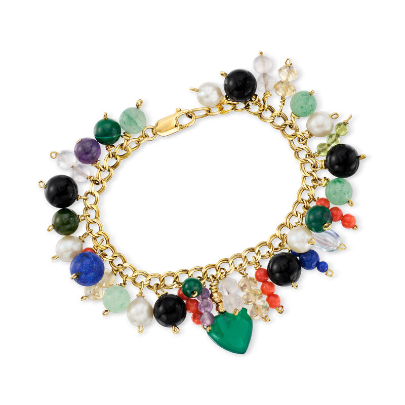 C. 1975 Vintage 56.30 ct. t.w. Multi-Gemstone and 7-9mm Cultured Pearl Bead Drop Bracelet in 14kt Yellow Gold image number 0