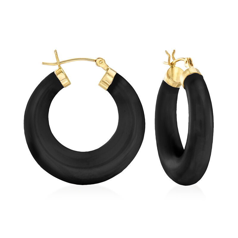 Black Onyx Hoop Earrings in 14kt Yellow Gold. 1 1/8&quot; image number 0
