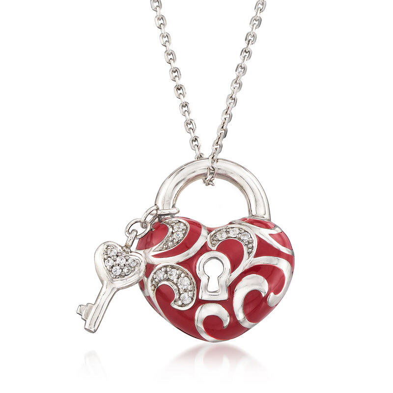 Belle Etoile &quot;Key to My Heart&quot; .25 ct. t.w. CZ and Red Enamel Heart Pendant Necklace in Sterling Silver. 20&quot; image number 1