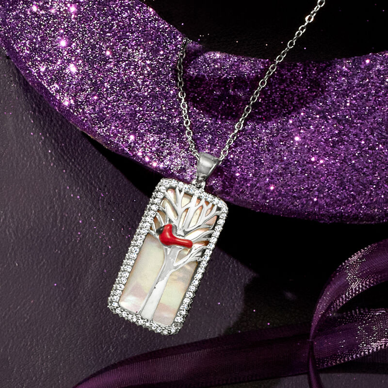 Mother-of-Pearl and .30 ct. t.w. White Topaz Cardinal Pendant Necklace with Multicolored Enamel in Sterling Silver image number 4