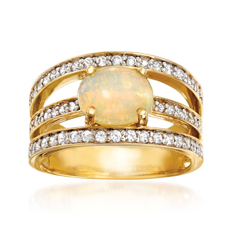 9x7mm Ethiopian Opal and .70 ct. t.w. White Zircon Ring in 18kt Yellow Gold Over Sterling Silver image number 0