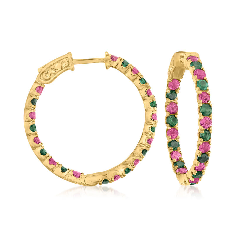 3.00 ct. t.w. Pink and Green Tourmaline Inside-Outside Hoop Earrings in 18kt Gold Over Sterling. 1" image number 0