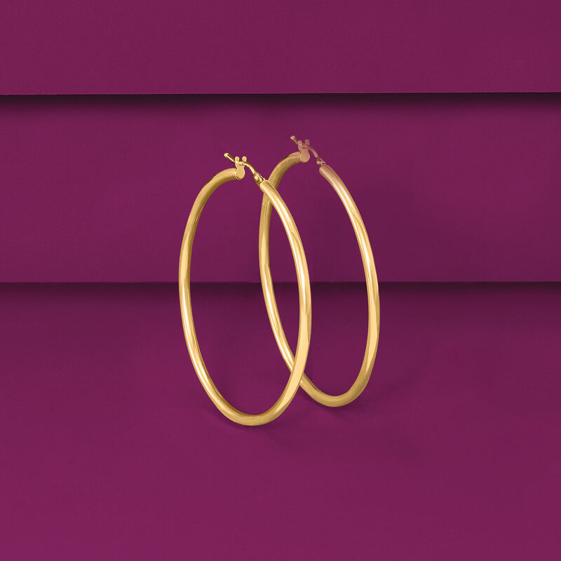Italian 2mm 18kt Yellow Gold Hoop Earrings. 1 3/4&quot; image number 3