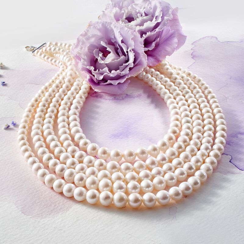 4-8.5mm Cultured Pearl Five-Strand Layered Necklace with Sterling Silver. 16&quot; image number 2