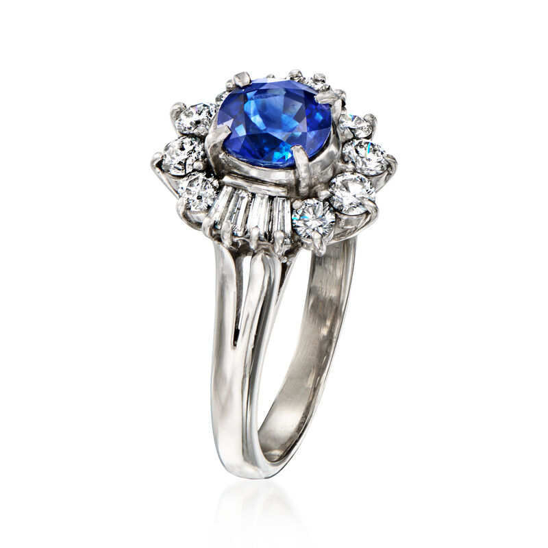 C. 1990 Vintage 1.17 Carat Sapphire and .63 ct. t.w. Diamond Ring in Platinum. Size 6 image number 2
