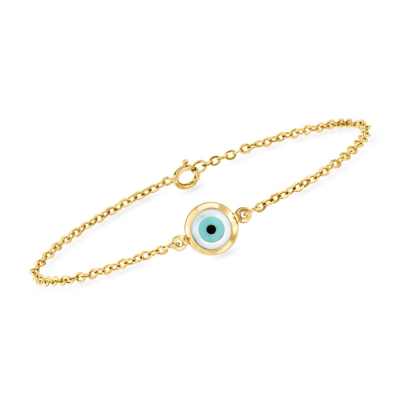 C. 1990 Vintage Mother-of-Pearl, Onyx and Turquoise Evil Eye Bracelet in 18kt Yellow Gold. 7" image number 0