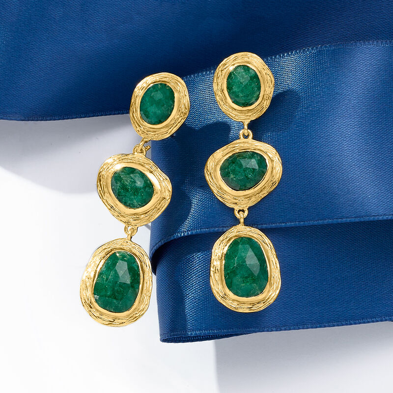 18.00 ct. t.w. Emerald Station Drop Earrings in 18kt Gold Over Sterling image number 3