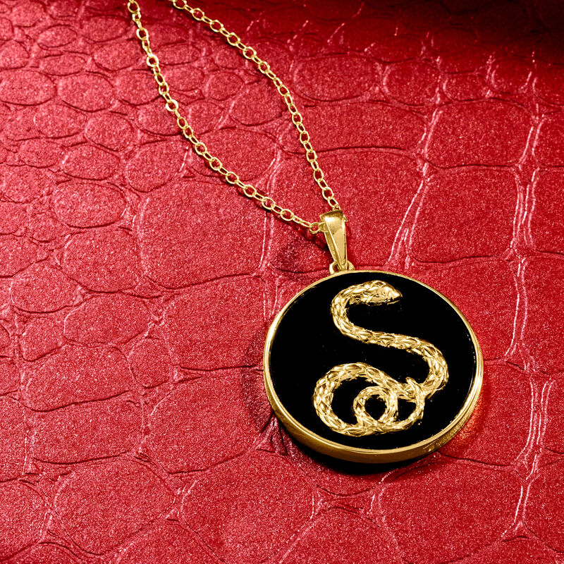 Black Agate Snake Pendant Necklace in 18kt Gold Over Sterling. 18&quot; image number 3