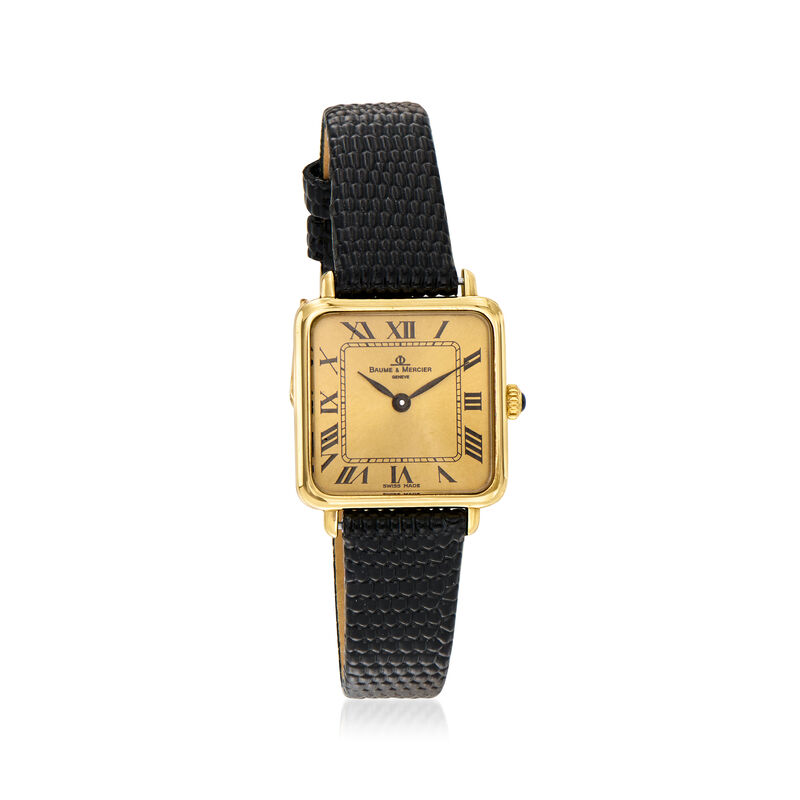 C. 1980 Vintage Baume et Mercier Women's 23mm 14kt Yellow Gold Watch with Black Leather Strap. 7" image number 0