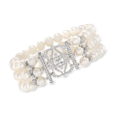 7-8mm Cultured Pearl and .85 ct. t.w. CZ Multi-Row Bracelet with Sterling Silver
