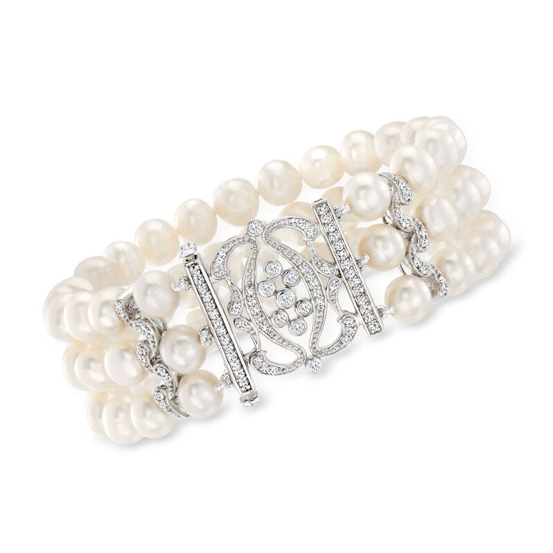 7-8mm Cultured Pearl and .85 ct. t.w. CZ Multi-Row Bracelet with Sterling Silver. 7&quot; image number 0