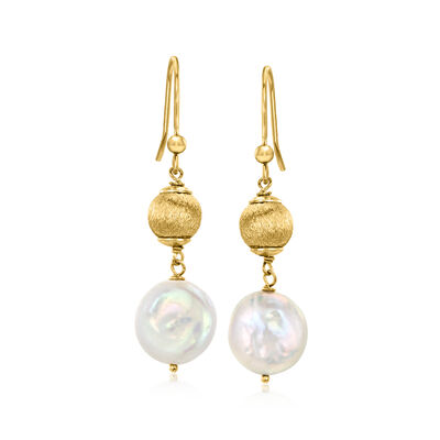 Italian 13-14mm Cultured Coin Pearl Beaded Drop Earrings in 18kt Gold Over Sterling