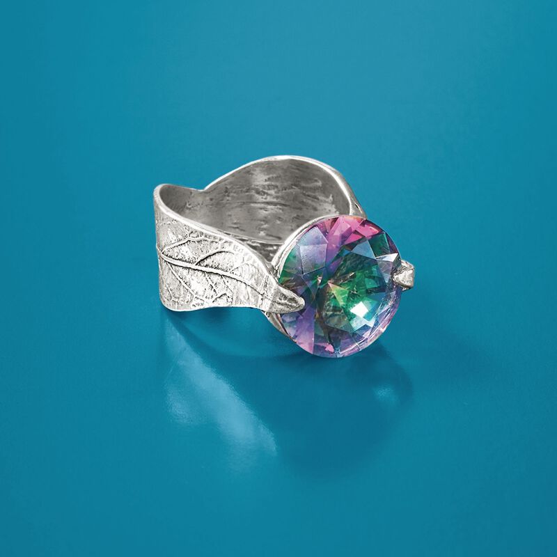 14mm Simulated Multicolored Quartz Leaf Ring in Sterling Silver image number 4