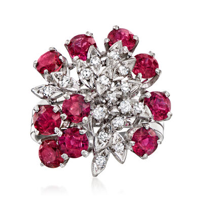 C. 1970 Vintage 3.00 ct. t.w. Ruby Cluster Ring with .30 ct. t.w. Diamonds in 14kt White Gold