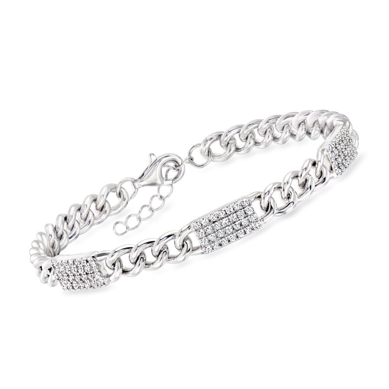 Italian .80 ct. t.w. CZ Curb-Link Bar Station Bracelet in Sterling Silver. 7&quot; image number 0