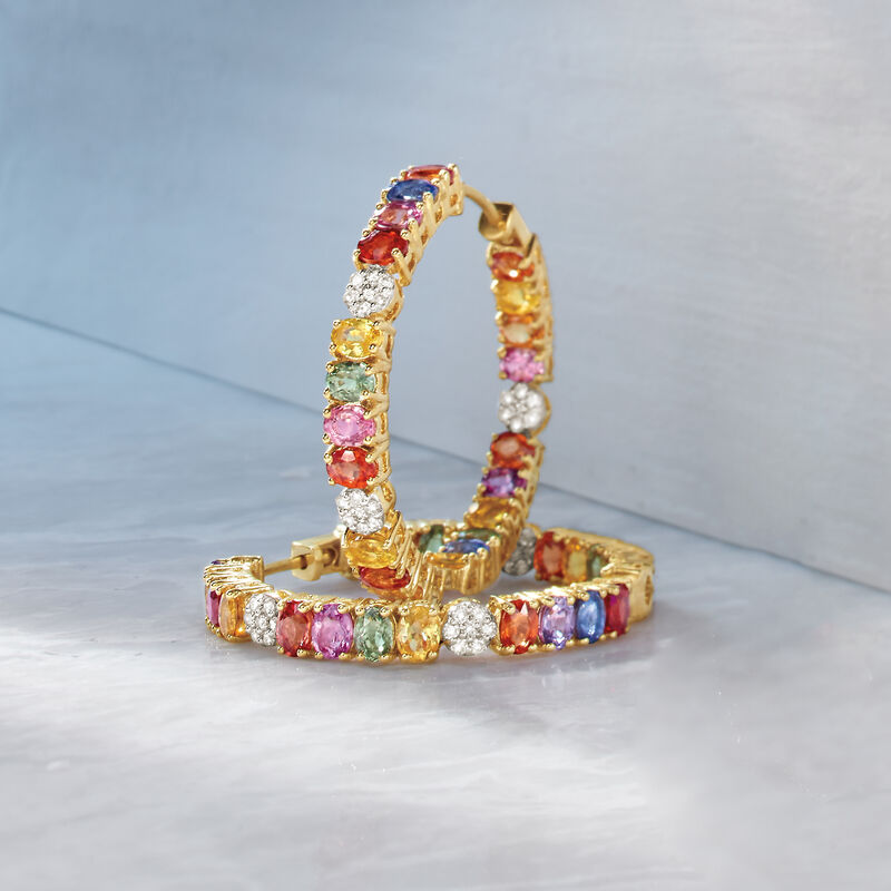 11.00 ct. t.w. Multicolored Sapphire and .44 ct. t.w. Diamond Inside-Outside Hoop Earrings in 18kt Yellow Gold. 1 1/4&quot; image number 3