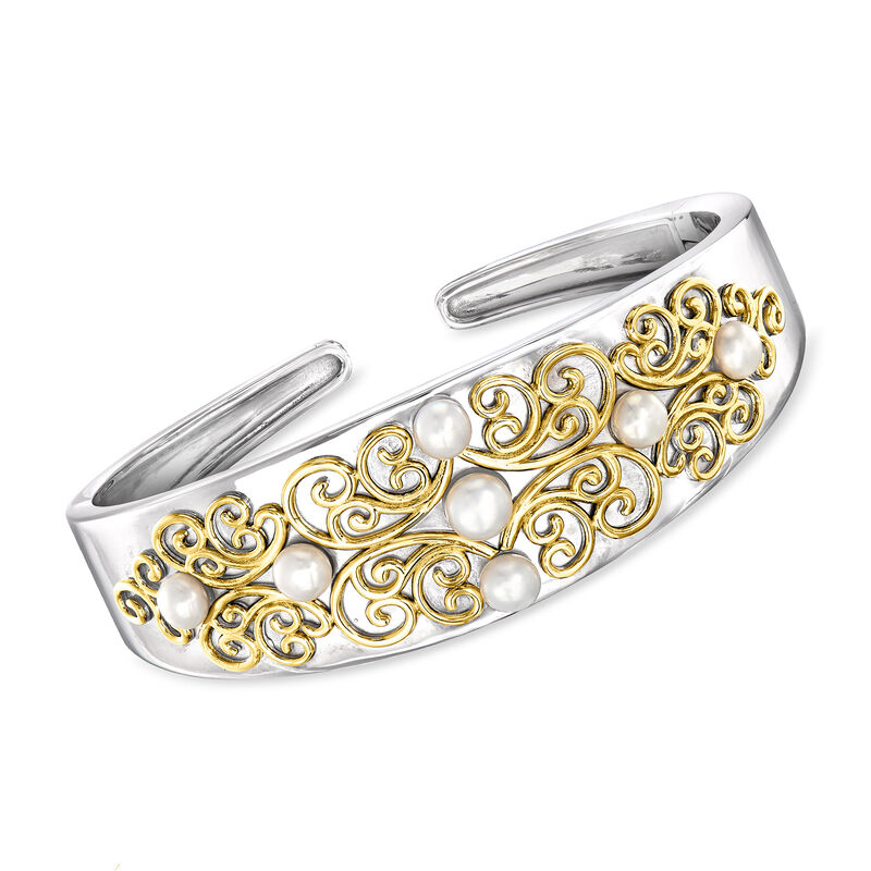 4.5-5.5mm Cultured Pearl Cuff Bracelet in Two-Tone Sterling Silver image number 0