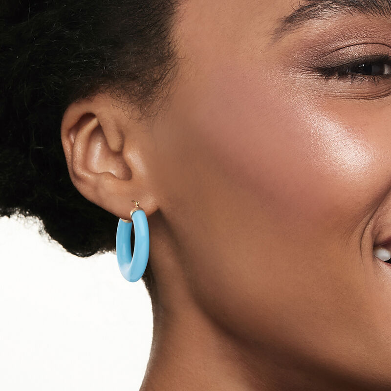 Simulated Turquoise Hoop Earrings in 14kt Yellow Gold. 1 1/8&quot; image number 1