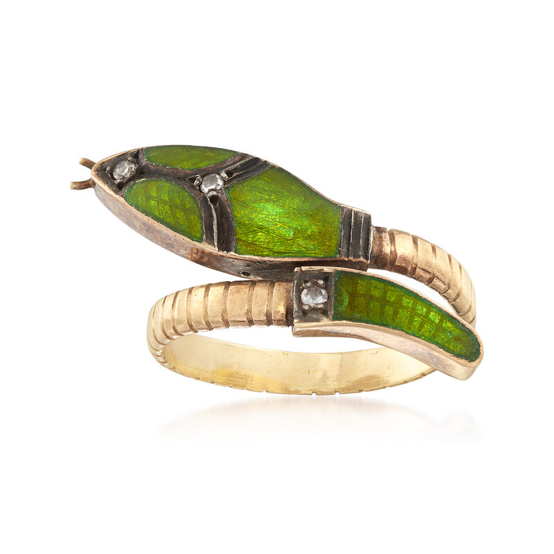 C. 1930 Vintage Green Enamel Snake Ring With Diamond Accents in 18kt Yellow Gold image number 0