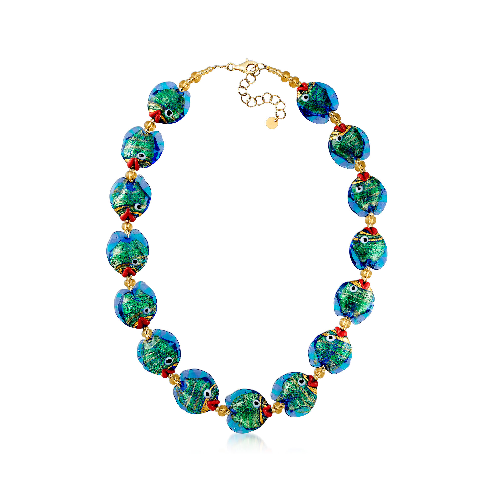 Italian Multicolored Murano Glass Fish Necklace with 18kt Gold