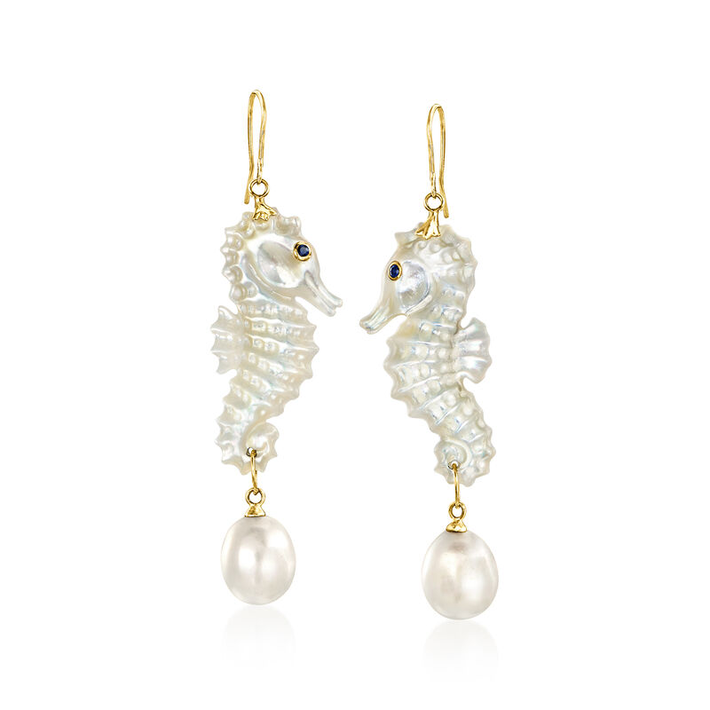Mother-of-Pearl Seahorse Drop Earrings with 9.5-10mm Cultured Pearls and .10 ct. t.w. Sapphires in 14kt Yellow Gold image number 0