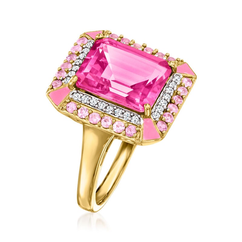 5.75 Carat Pink Topaz Ring with .50 ct. t.w. Pink Sapphires, .20 ct. t.w. White Zircons and Pink Enamel in 18kt Gold Over Sterling. Size 7 image number 2
