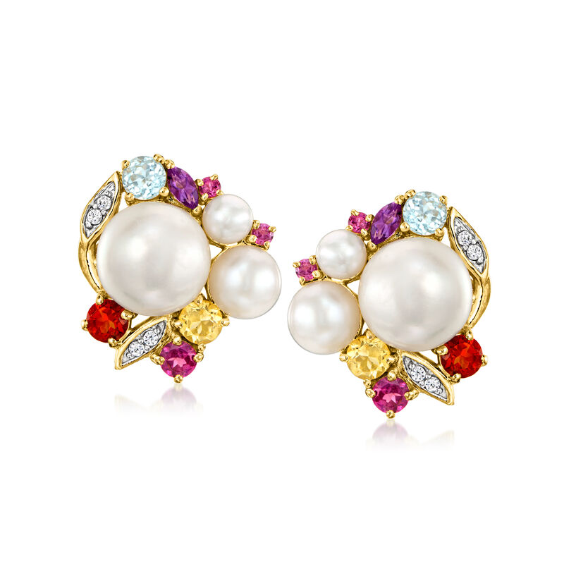 4-9mm Cultured Pearl and 1.08 ct. t.w. Multi-Gemstone Earrings in 18kt Gold Over Sterling  image number 0