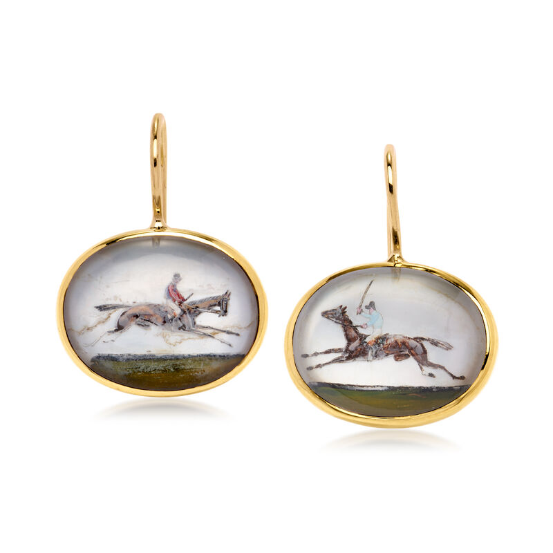 C. 1980 Vintage Painted Horse Racing Portrait Drop Earrings with 10.00 ct. t.w. Simulated Quartz in 14kt Yellow Gold image number 0