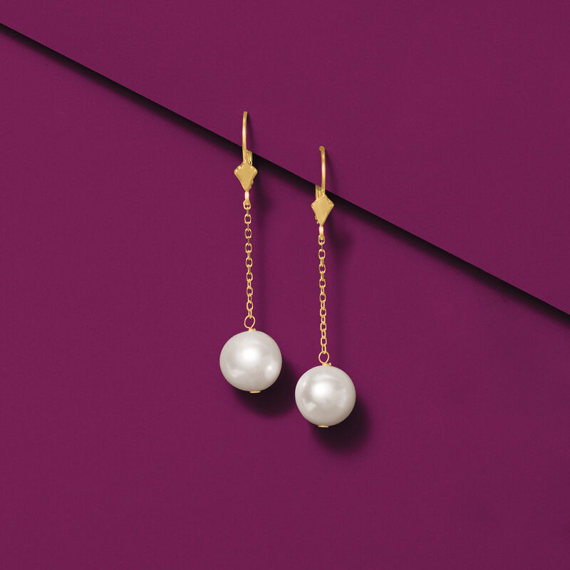 10-10.5mm Cultured Pearl Drop Earrings in 14kt Yellow Gold image number 2
