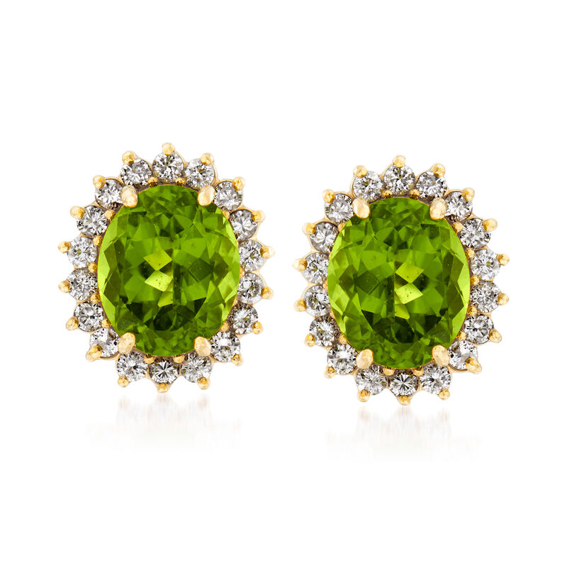 C. 1980 Vintage 11.10 Peridot and 1.60 ct. t.w. Diamond Earrings in 14kt Yellow Gold image number 0