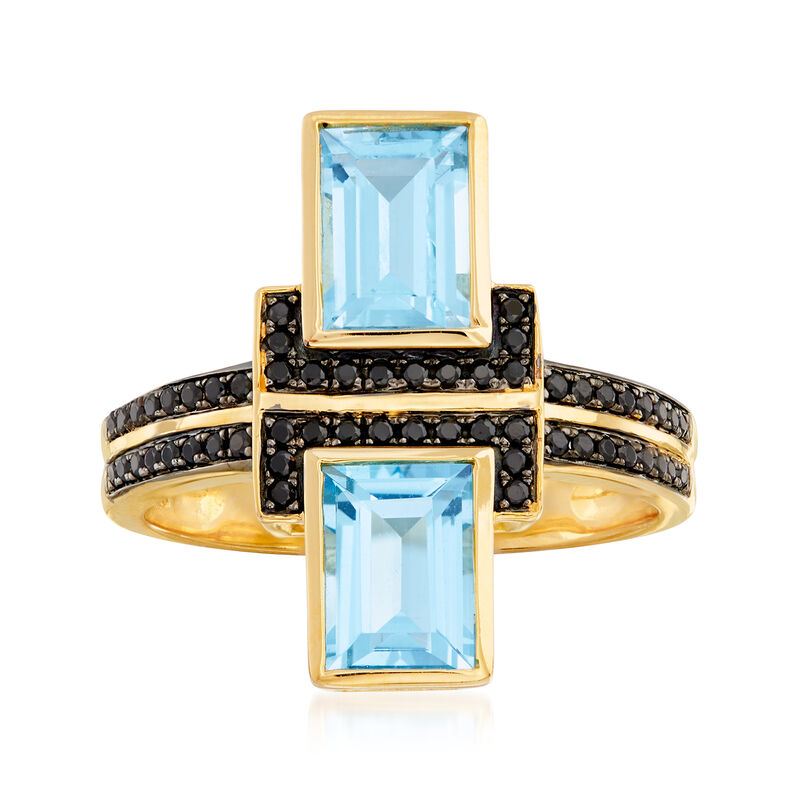 2.20 ct. t.w. Swiss Blue Topaz and .10 ct. t.w. Black Spinel Ring in 18kt Gold Over Sterling image number 0