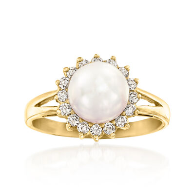 C. 1990 Vintage 8mm Cultured Pearl Ring with .16 ct. t.w. Diamonds in 14kt Yellow Gold