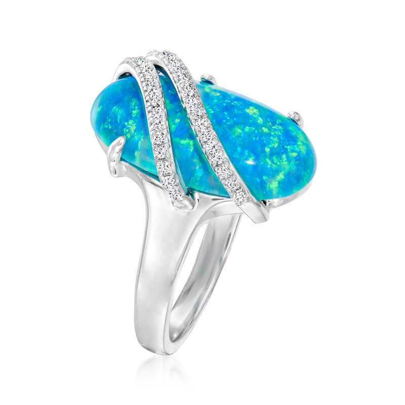 Charles Garnier Synthetic Blue Opal Ring with .16 ct. t.w. CZs in Sterling Silver image number 2