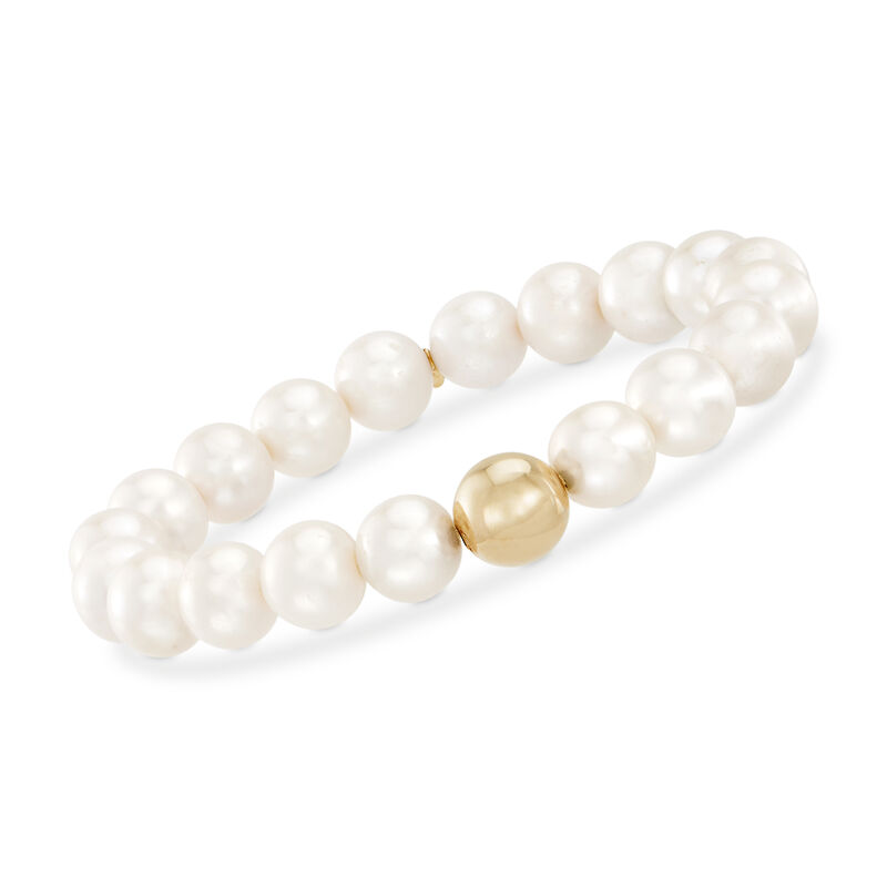 9-9.5mm Cultured Pearl and 14kt Yellow Gold Bead Stretch Bracelet image number 0