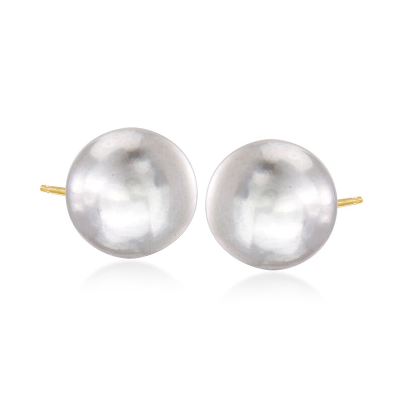 14-15mm Gray Cultured Pearl Stud Earrings in 14kt Yellow Gold image number 2
