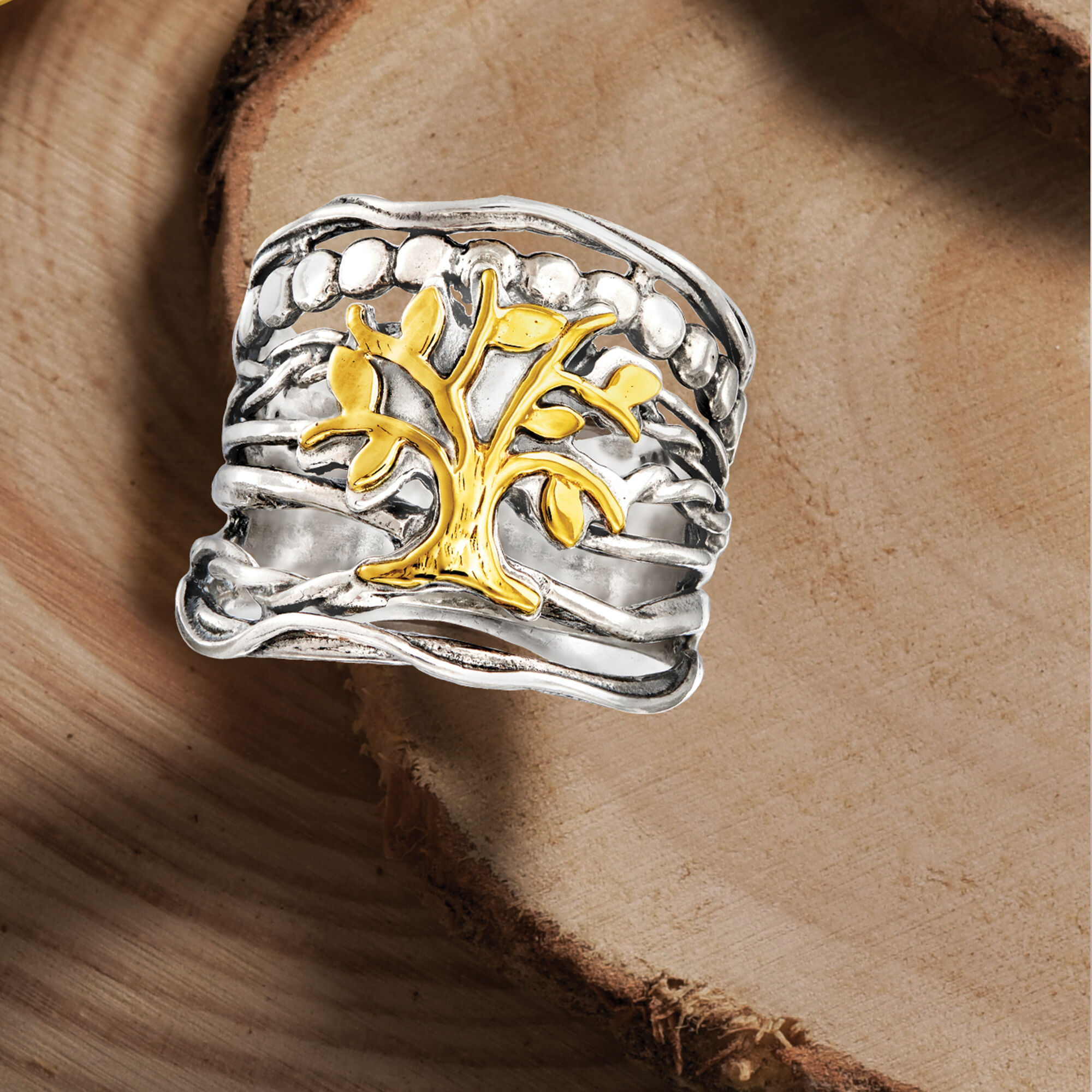 Sterling Silver and 14kt Yellow Gold Multi-Row Tree of Life Ring