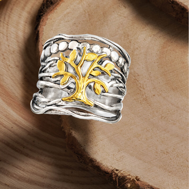 Sterling Silver and 14kt Yellow Gold Multi-Row Tree of Life Ring image number 4