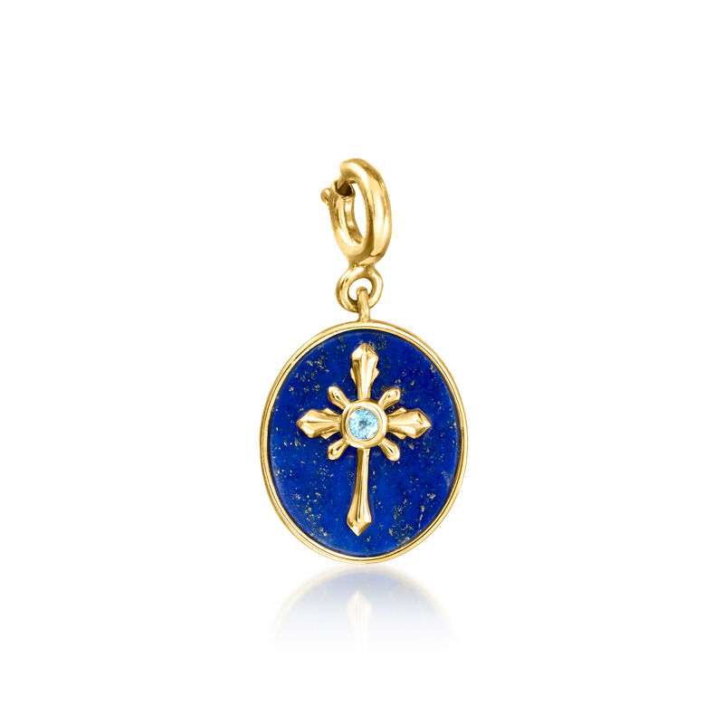Lapis Cross Charm with Single Swiss Blue Topaz in 18kt Gold Over Sterling image number 1